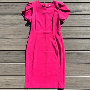 Calvin Klein; Hot Pink/Fuchsia; Fitted Midi Dress; Slight Puff Sleeve; Size 4